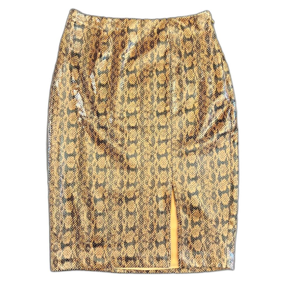 Express Sz 4 Faux Snakeskin Leather Pencil Straight Skirt Brown Black Side Slit